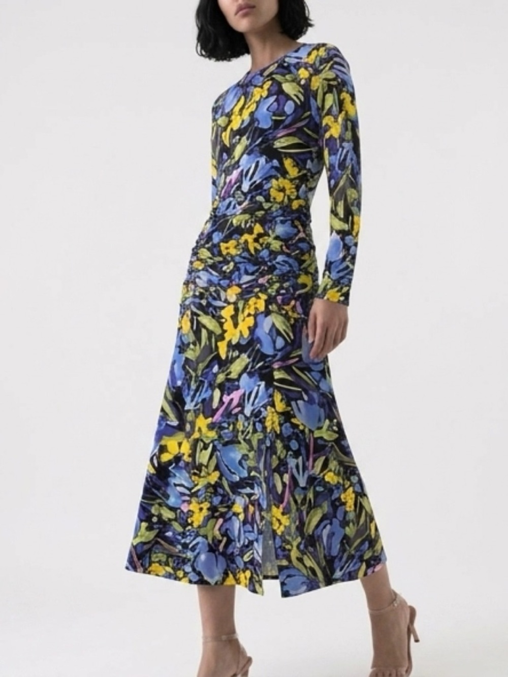 Aqua Blue & Yellow Floral Long-Sleeve Ruched Midi Dress